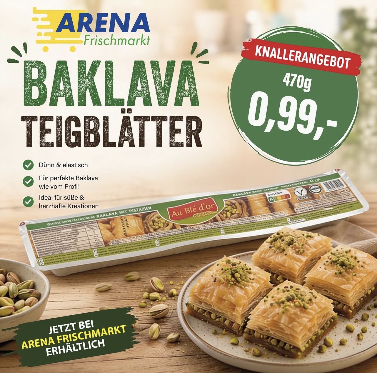 Arena Frischmarkt Social-Media-Post für Baklava Teigblätter Angebot