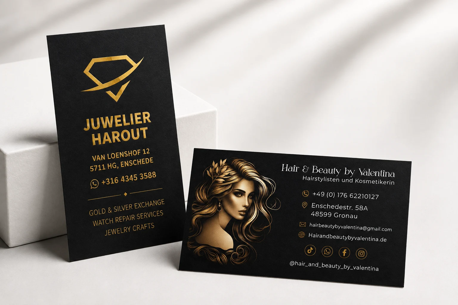 Schwarz-goldene Visitenkarten für Juwelier Harout und Hair and Beauty by Valentina
